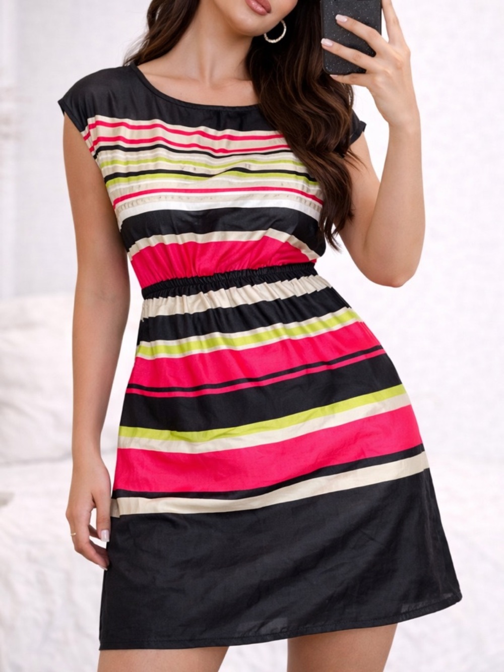 Y2K Retro Striped Mini Dress Neon Pink Cinched Waist Vintage